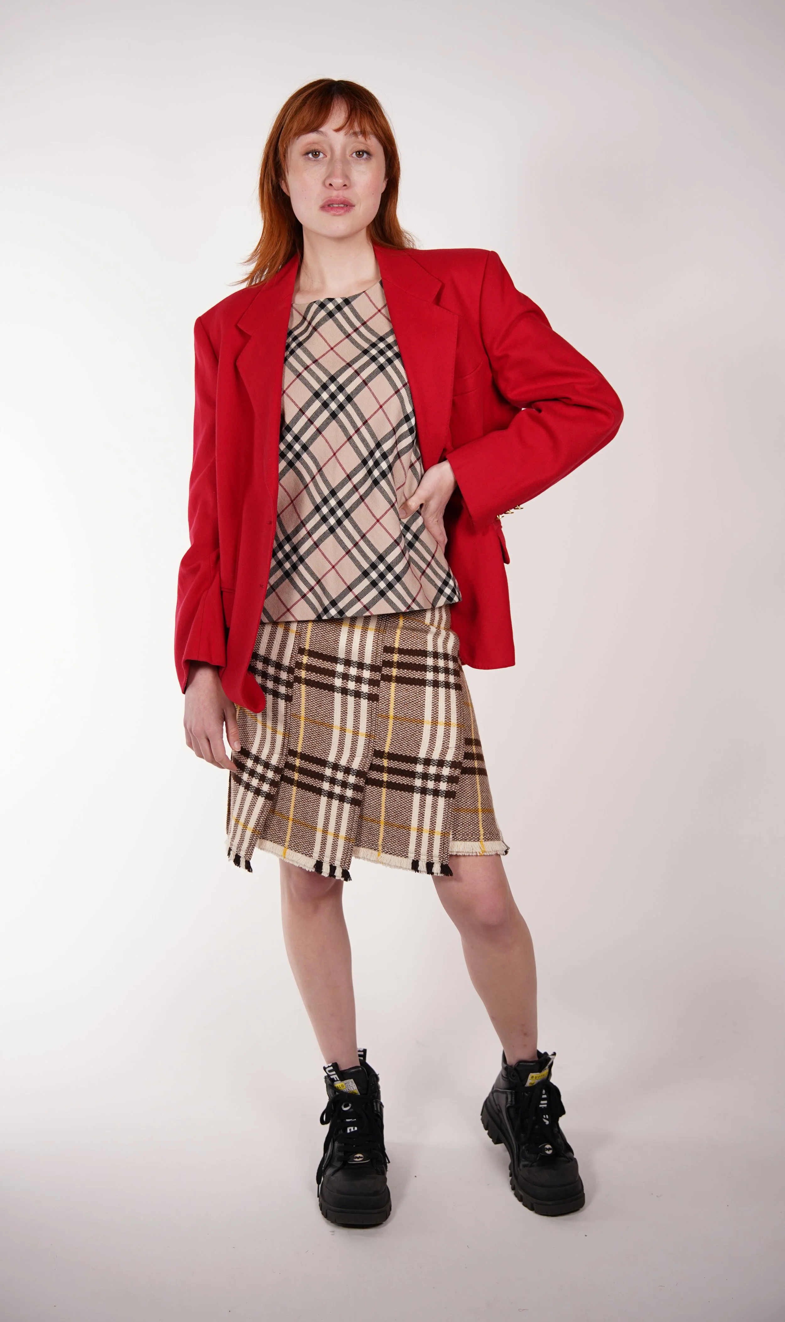 ミニスカート Burberry Red Wool Skirt Vintage Burberry Red Woolen Blazer — Check It Vintage